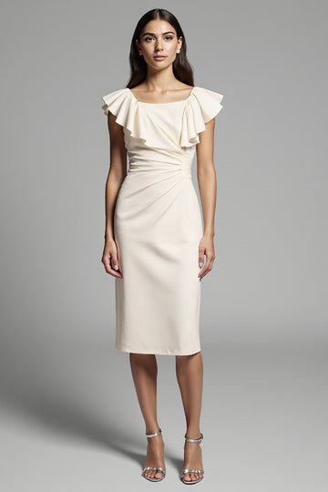 Ivory Ruffled Square Neck Sheath Midi Dress